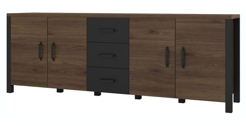 Buffet 220cm collection DARWIN. Couleur chêne foncé et noir. 4 portes et 3 tiroirs