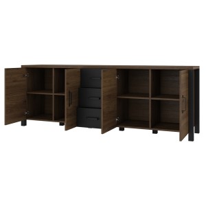 Buffet 220cm collection DARWIN. Couleur chêne foncé et noir. 4 portes et 3 tiroirs