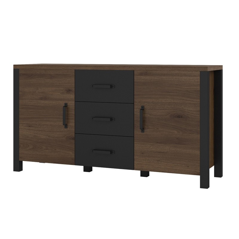 Buffet 150cm collection DARWIN. Couleur chêne foncé et noir. 2 portes et 3 tiroirs