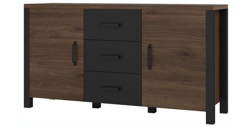 Buffet 150cm collection DARWIN. Couleur chêne foncé et noir. 2 portes et 3 tiroirs