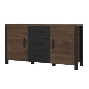 Buffet 150cm collection DARWIN. Couleur chêne foncé et noir. 2 portes et 3 tiroirs
