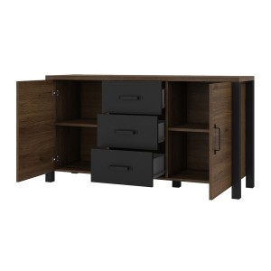 Buffet 150cm collection DARWIN. Couleur chêne foncé et noir. 2 portes et 3 tiroirs