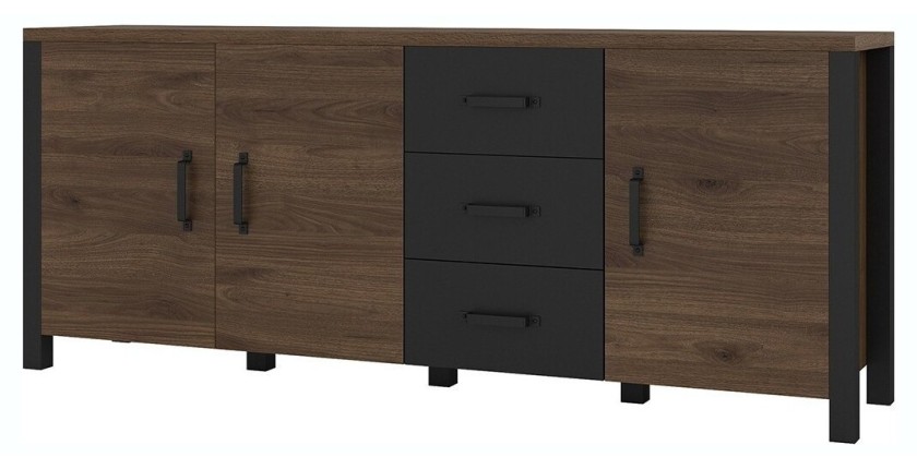 Buffet XL 190cm collection DARWIN. Couleur chêne foncé et noir. 3 portes et 3 tiroirs