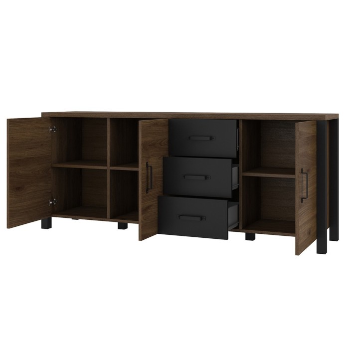 Buffet XL 190cm collection DARWIN. Couleur chêne foncé et noir. 3 portes et 3 tiroirs