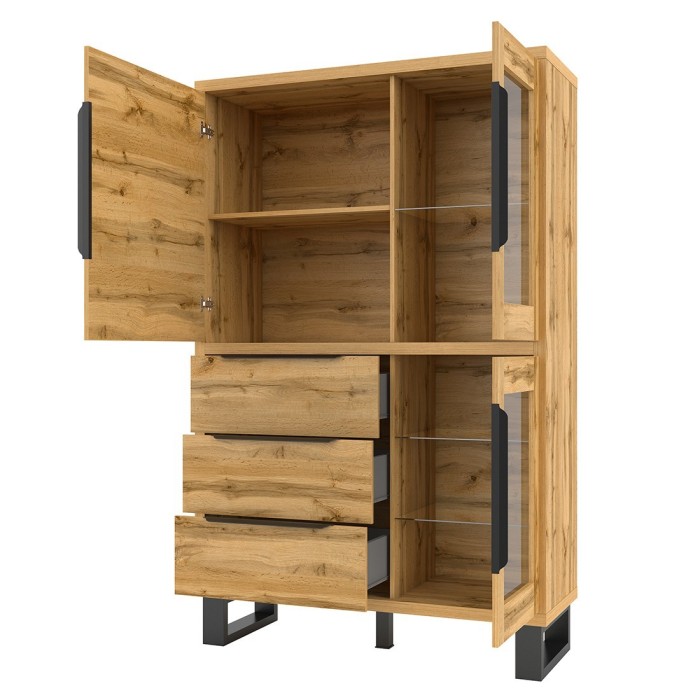 Vaisselier coloris chêne collection MILO. Finition noires. Meuble idéal pour votre salle à manger.