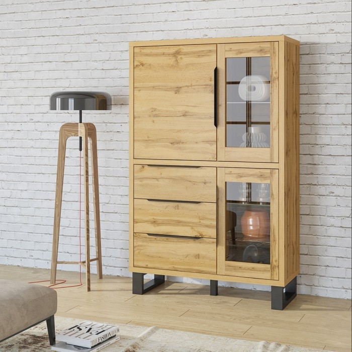 Vaisselier coloris chêne collection MILO. Finition noires. Meuble idéal pour votre salle à manger.