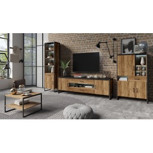 Vaisselier style industriel avec éclairage LED intégrée collection MILO. Coloris épicéa et noir.