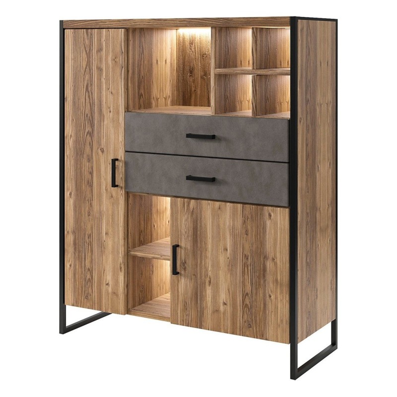 Vaisselier style industriel avec LED intégrées collection ZOLA. Coloris épicéa et gris. 2 Portes et 2 Tiroirs