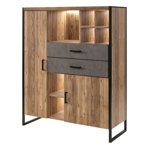 Vaisselier style industriel avec LED intégrées collection ZOLA. Coloris épicéa et gris. 2 Portes et 2 Tiroirs
