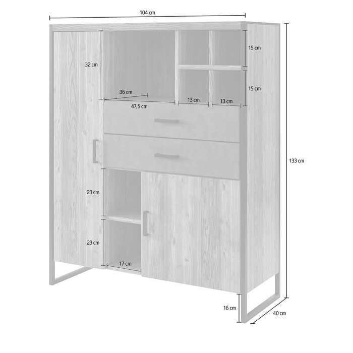Vaisselier style industriel avec LED intégrées collection ZOLA. Coloris épicéa et gris. 2 Portes et 2 Tiroirs