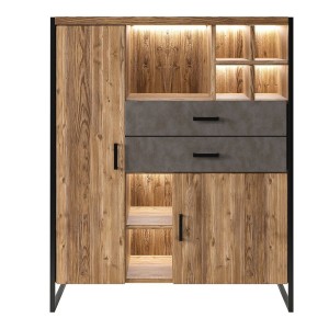 Vaisselier style industriel avec LED intégrées collection ZOLA. Coloris épicéa et gris. 2 Portes et 2 Tiroirs