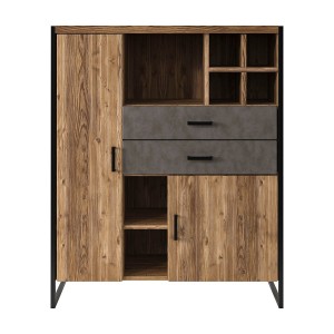 Vaisselier style industriel avec LED intégrées collection ZOLA. Coloris épicéa et gris. 2 Portes et 2 Tiroirs