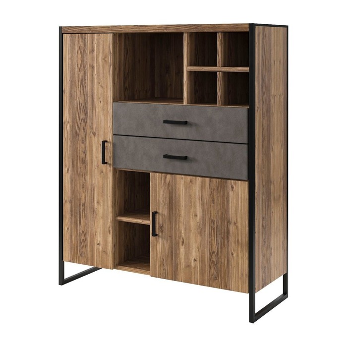 Vaisselier style industriel avec LED intégrées collection ZOLA. Coloris épicéa et gris. 2 Portes et 2 Tiroirs