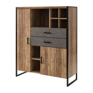 Vaisselier style industriel avec LED intégrées collection ZOLA. Coloris épicéa et gris. 2 Portes et 2 Tiroirs