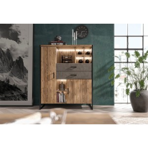 Vaisselier style industriel avec LED intégrées collection ZOLA. Coloris épicéa et gris. 2 Portes et 2 Tiroirs