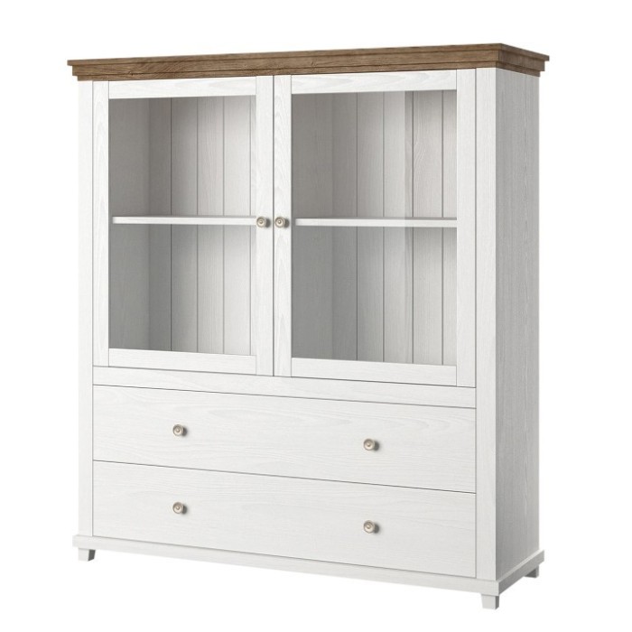 Vaisselier avec LED intégrées collection ASSIA. Coloris frêne blanc et chêne. 2 Portes et 2 Tiroirs