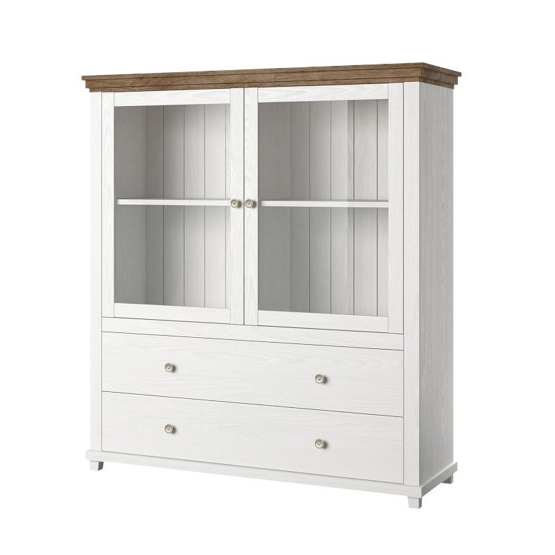 Vaisselier avec LED intégrées collection ASSIA. Coloris frêne blanc et chêne. 2 Portes et 2 Tiroirs