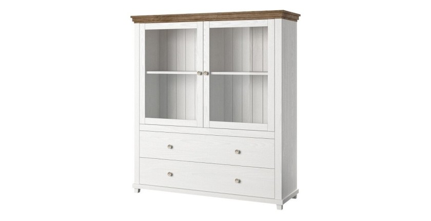 Vaisselier avec LED intégrées collection ASSIA. Coloris frêne blanc et chêne. 2 Portes et 2 Tiroirs