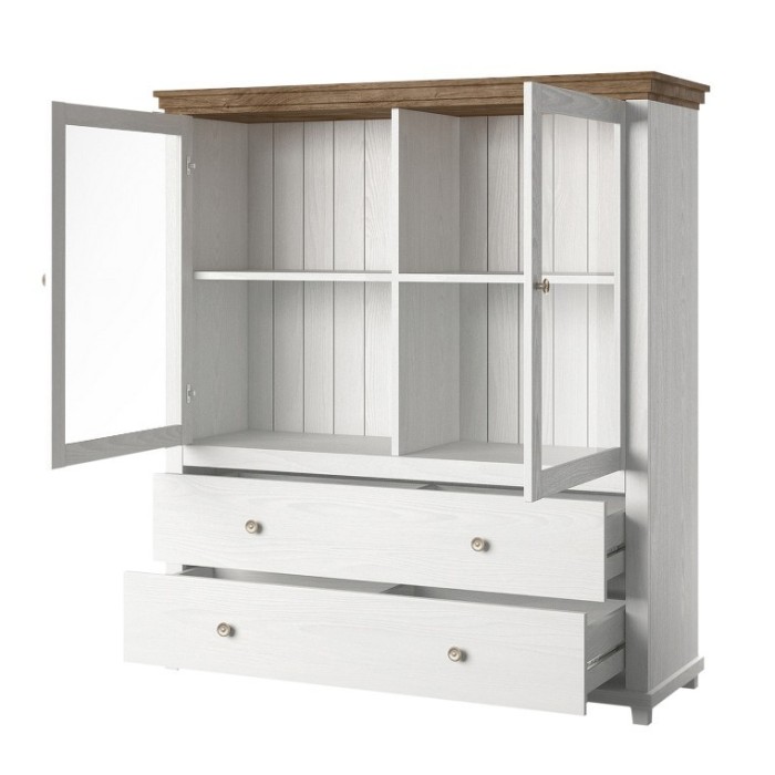 Vaisselier avec LED intégrées collection ASSIA. Coloris frêne blanc et chêne. 2 Portes et 2 Tiroirs