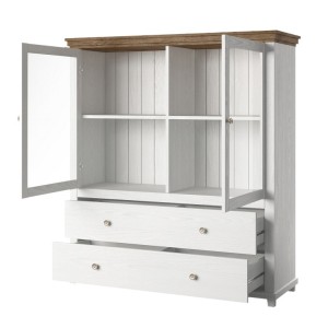 Vaisselier avec LED intégrées collection ASSIA. Coloris frêne blanc et chêne. 2 Portes et 2 Tiroirs