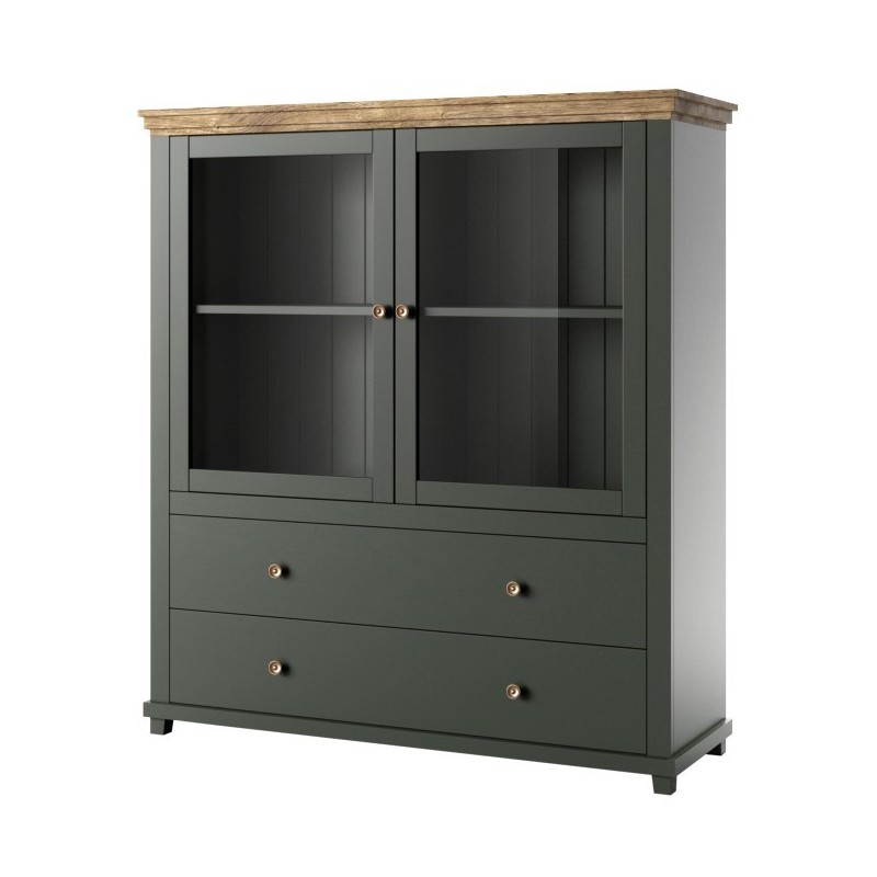 Vaisselier avec LED intégrées collection ASSIA. Coloris vert et chêne. 2 Portes et 2 Tiroirs