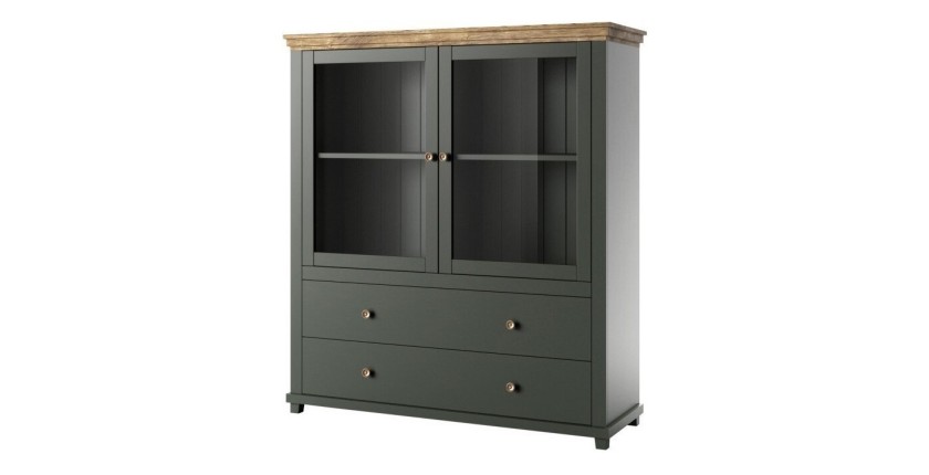 Vaisselier avec LED intégrées collection ASSIA. Coloris vert et chêne. 2 Portes et 2 Tiroirs