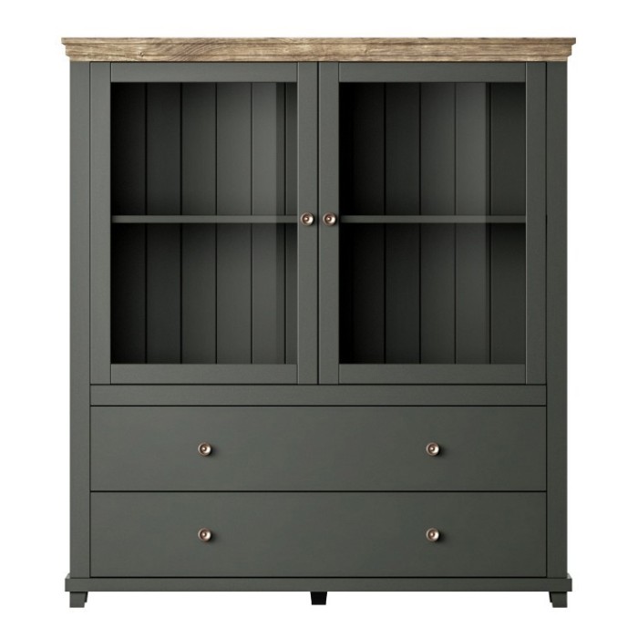 Vaisselier avec LED intégrées collection ASSIA. Coloris vert et chêne. 2 Portes et 2 Tiroirs