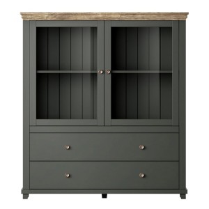 Vaisselier avec LED intégrées collection ASSIA. Coloris vert et chêne. 2 Portes et 2 Tiroirs