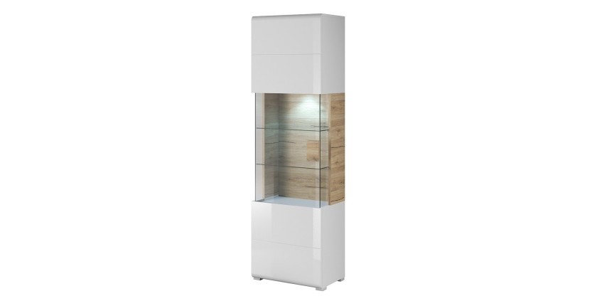 Vitrine design collection OHIO modèle haut + LED. Coloris blanc et finition aspect chêne.