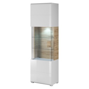 Vitrine design collection OHIO modèle haut + LED. Coloris blanc et finition aspect chêne.