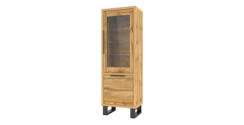Vitrine coloris chêne collection MILO. Finition noires. Meuble idéal pour votre salle à manger.