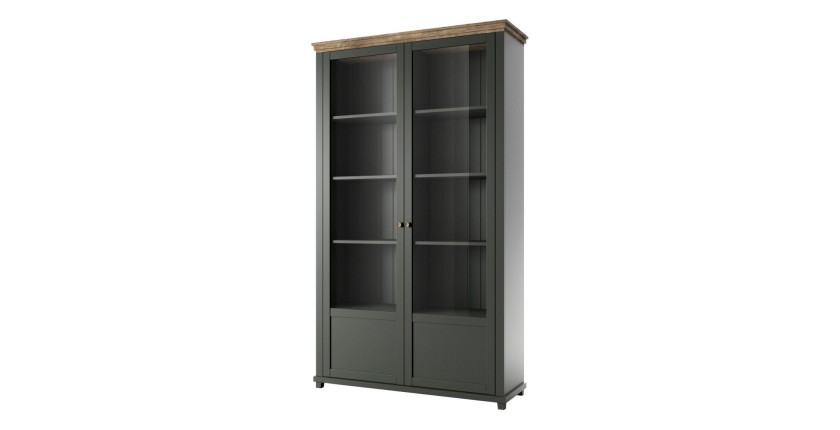 Vitrine large 2 portes avec LED intégrées collection ASSIA. Couleur vert et chêne.