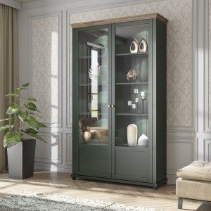 Vitrine large 2 portes avec LED intégrées collection ASSIA. Couleur vert et chêne.