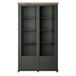 Vitrine large 2 portes avec LED intégrées collection ASSIA. Couleur vert et chêne.