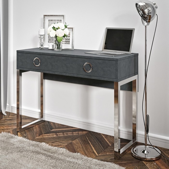 Bureau console avec 2 tiroirs collection MELTON coloris gris, pieds en fer chromés.