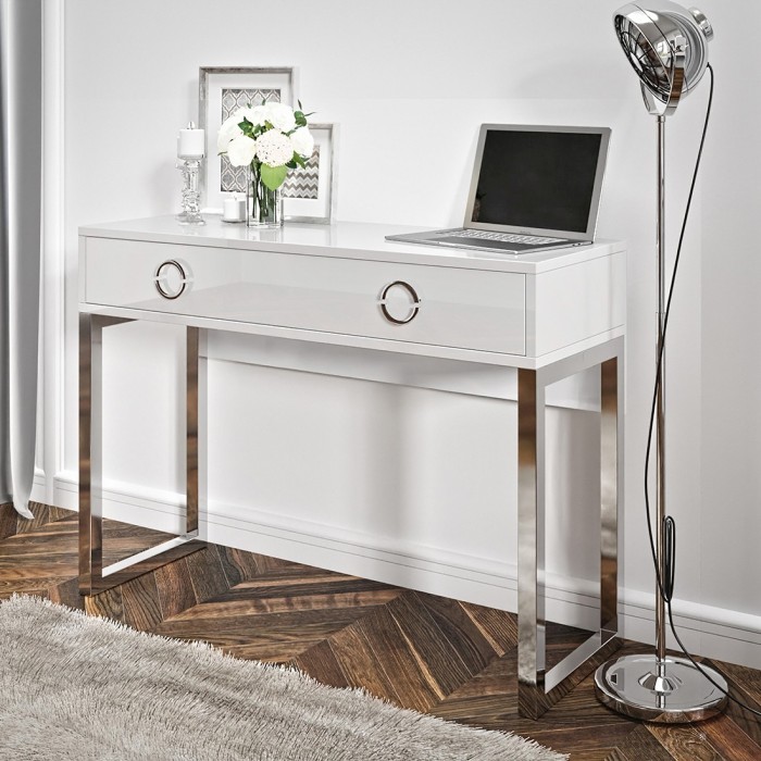 Bureau console avec 2 tiroirs collection MELTON coloris blanc, pieds en fer chromés.
