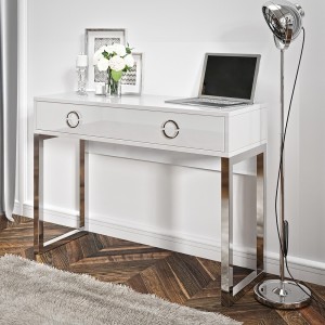 Bureau console avec 2 tiroirs collection MELTON coloris blanc, pieds en fer chromés.