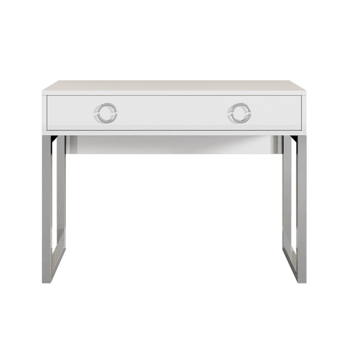 Bureau console avec 2 tiroirs collection MELTON coloris blanc, pieds en fer chromés.