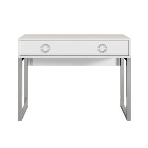 Bureau console avec 2 tiroirs collection MELTON coloris blanc, pieds en fer chromés.