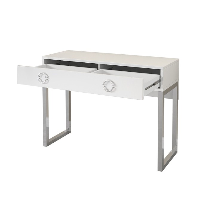 Bureau console avec 2 tiroirs collection MELTON coloris blanc, pieds en fer chromés.
