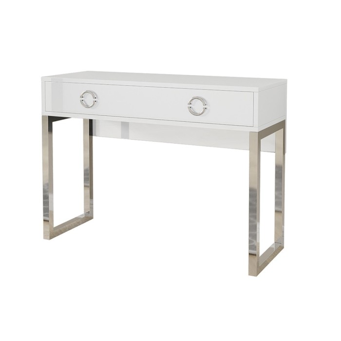 Bureau console avec 2 tiroirs collection MELTON coloris blanc, pieds en fer chromés.