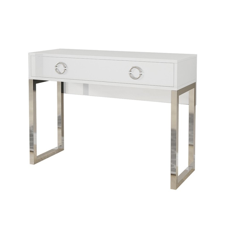 Bureau console avec 2 tiroirs collection MELTON coloris blanc, pieds en fer chromés.