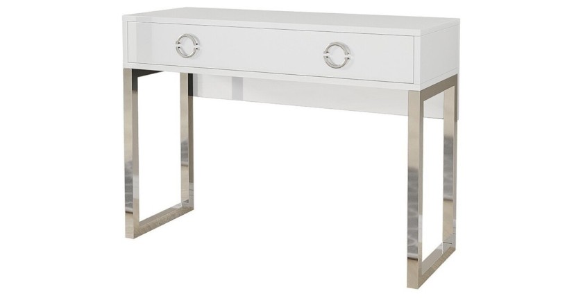 Bureau console avec 2 tiroirs collection MELTON coloris blanc, pieds en fer chromés.
