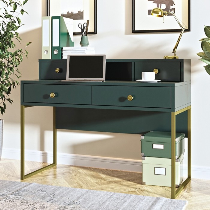 Bureau console avec 4 tiroirs collection DOUGLAS coloris vert et doré