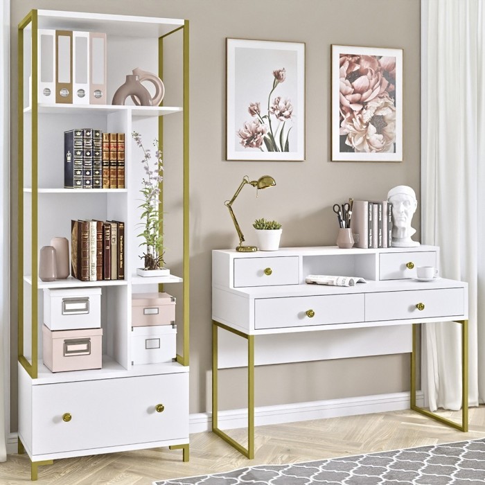 Ensemble de 2 meubles de bureau. Console et étagère collection DOUGLAS coloris blanc et doré