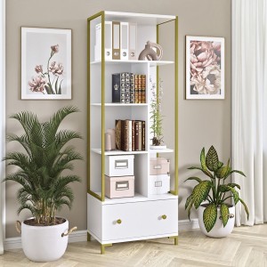 Ensemble de 2 meubles de bureau. Console et étagère collection DOUGLAS coloris blanc et doré