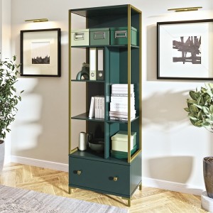 Ensemble de 2 meubles de bureau. Console et étagère collection DOUGLAS coloris vert et doré