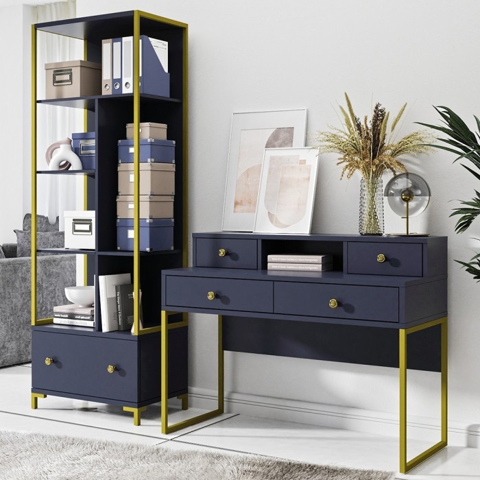 Ensemble de 2 meubles de bureau. Console et étagère collection DOUGLAS coloris bleu et doré