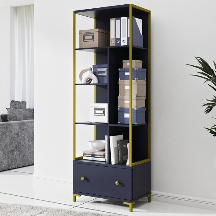 Ensemble de 2 meubles de bureau. Console et étagère collection DOUGLAS coloris bleu et doré