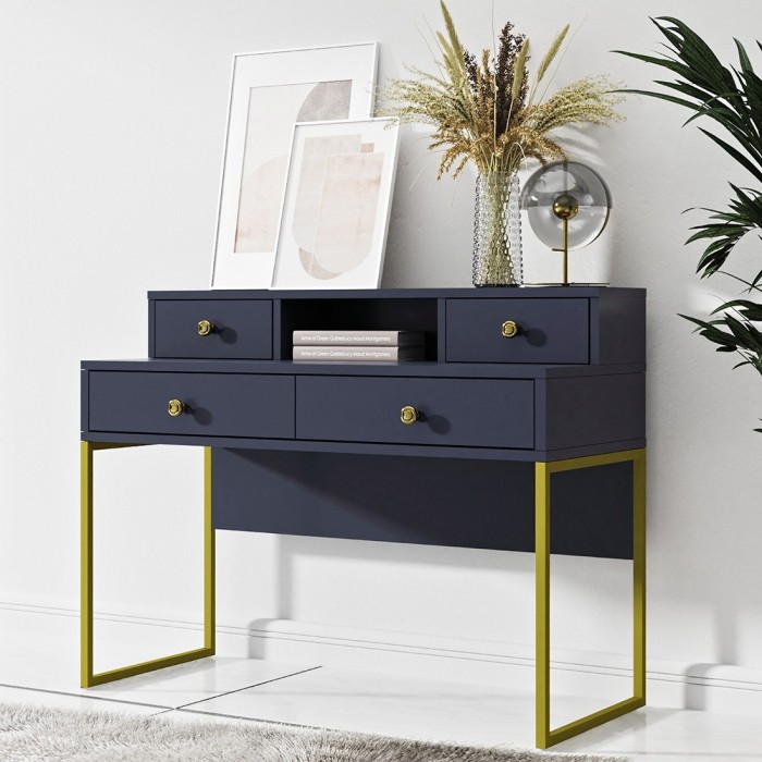 Ensemble de 2 meubles de bureau. Console et étagère collection DOUGLAS coloris bleu et doré